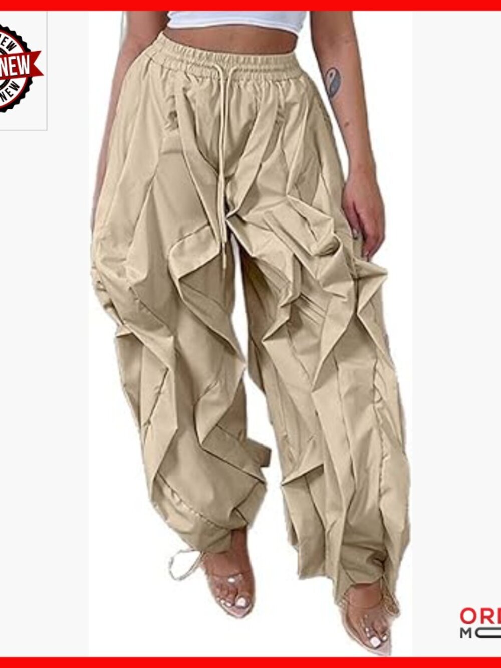 High Waisted Baggy Cargo Pants with Drawstring and Ruffle Patchwork